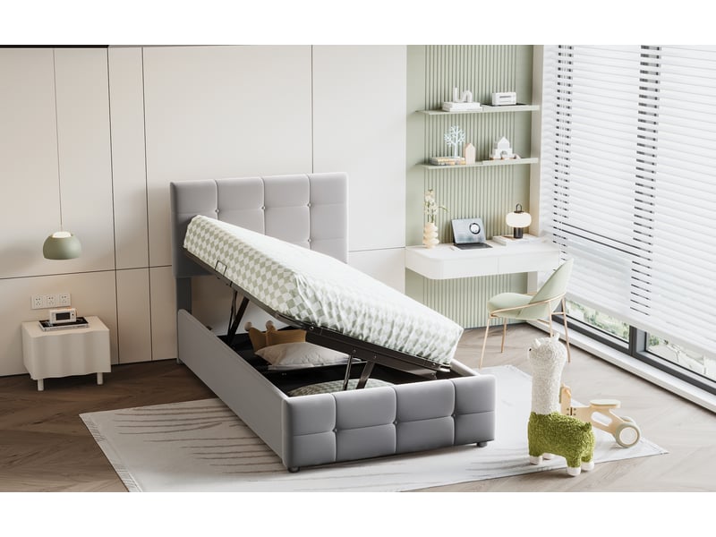  Lit enfant 90x200 cm avec coffre hydraulique et tête de lit réglable en velours gris structure mdf et métal Sol Morn - Conforama D