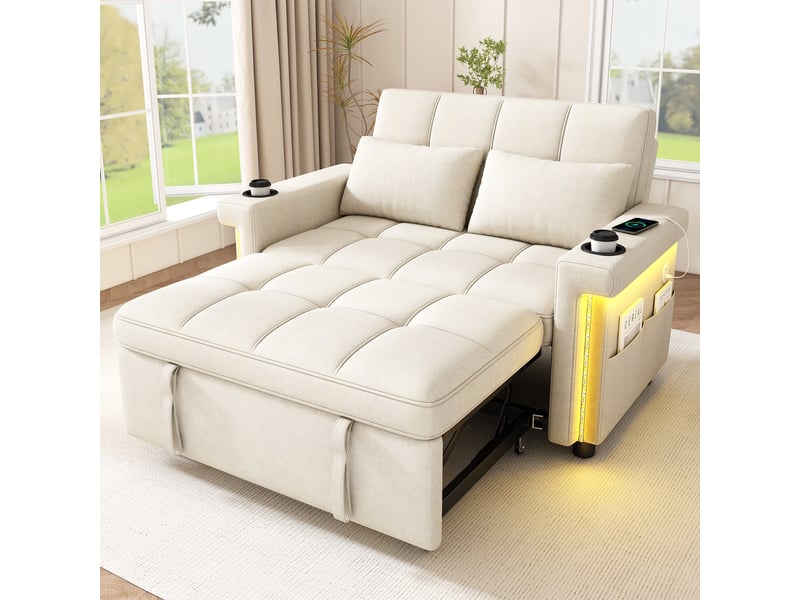  Canapé 2 places - 145x141.5x90cm - canapé convertible lit en chenille avec led rgb, ports usb &amp; porte-gobelets - beige  - Conforama B