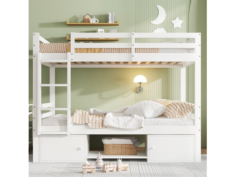  Lit enfant 90x200cm, 2 compartiments de rangement et étagère incluse, lit superposé convertible, bois blanc, sans matelas  - Conforama E