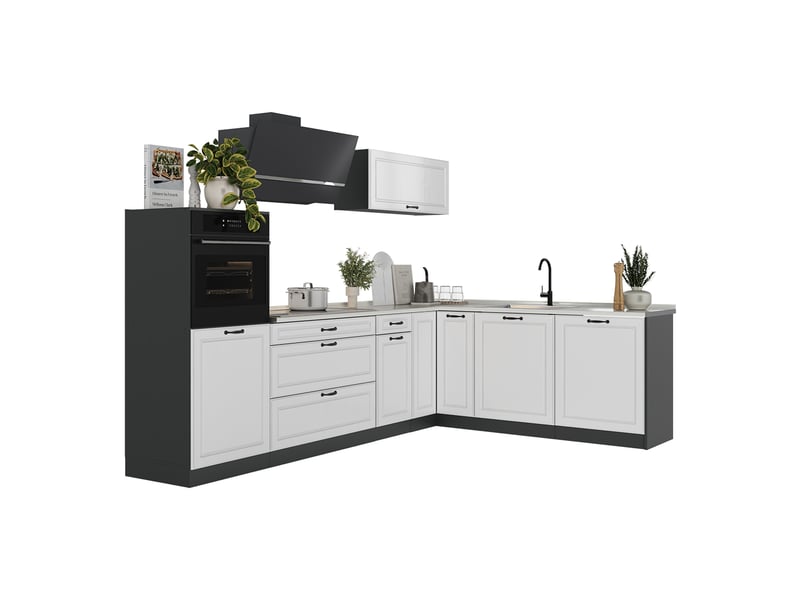  Vicco cuisine en angle, blanc campagneanthracite, 287 x cm plan de travail chêne doré  - Conforama E