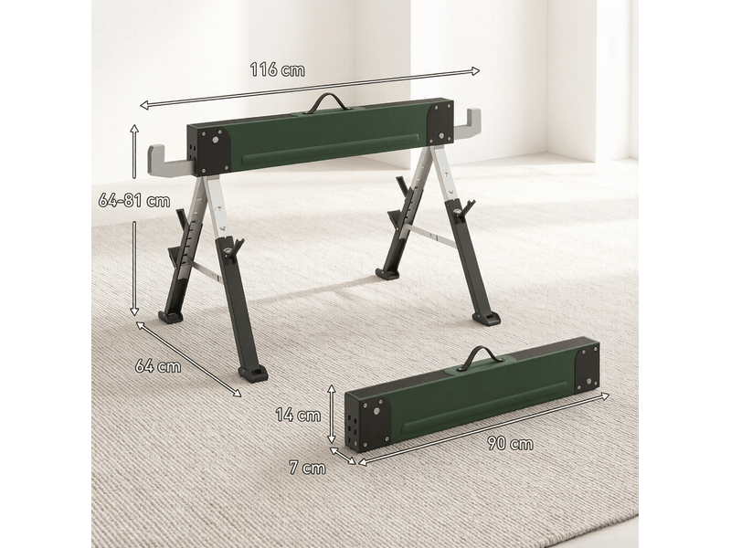  Lot de 2 chevalets de sciage pliables 116x64 cm réglables en hauteur métal vert  - Conforama C