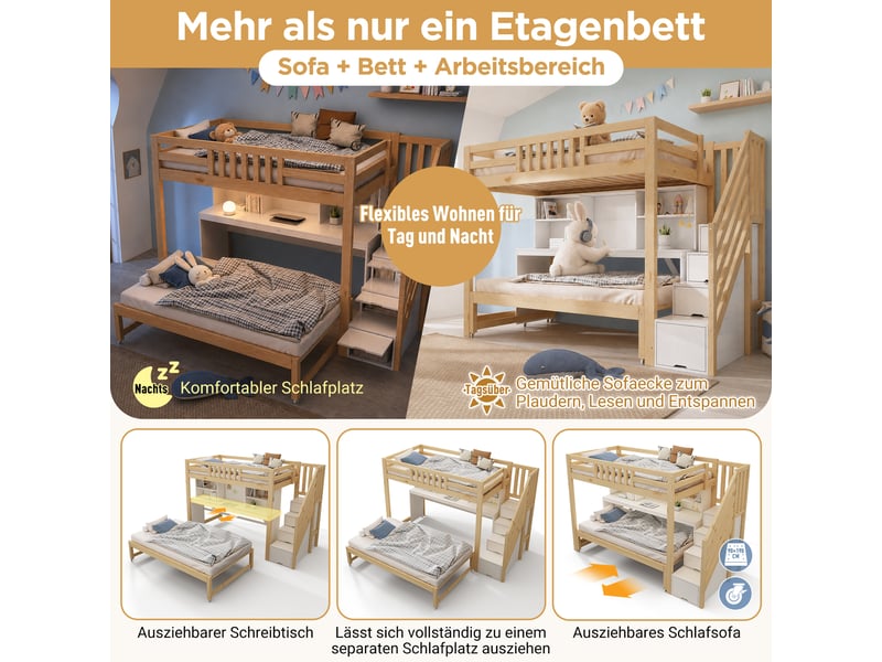  Lit superposé en bois blanc 90×200 et gigogne 90×190 cm, bureau mobile, escalier de rangement, étagère, à assembler  - Conforama D