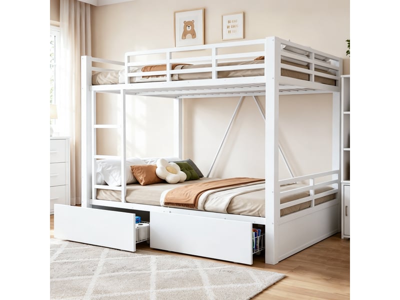  Lit superposé 140 × 200 cm, métal et bois, 2 tiroirs de rangement, échelle intégrée, barrières de protection, blanc  - Conforama D