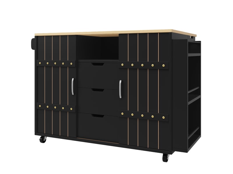  Îlot de cuisine 110x42x90 cm avec plateau rabattable, rangements et roulettes, mdf noir  - Conforama A