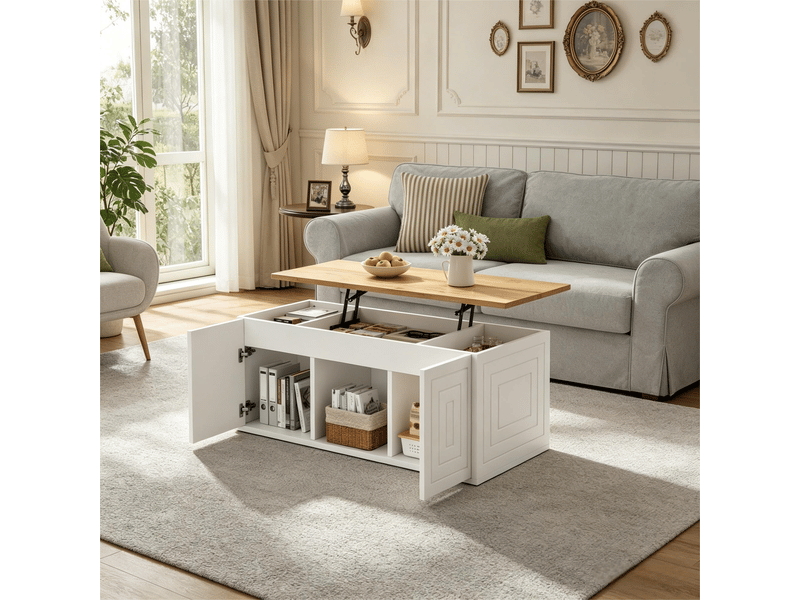  Table basse relevable bois et blanc 95 cm, table de salon rectangulaire avec rangement, style minimaliste  - Conforama E