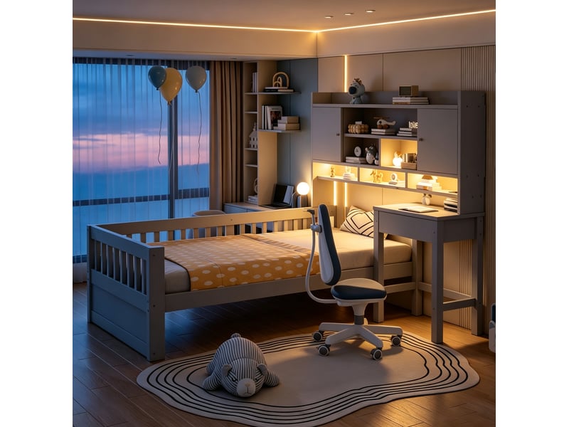 Lit combiné enfant 90x200 cm avec rangement, bureau, led et prise gris - Conforama B