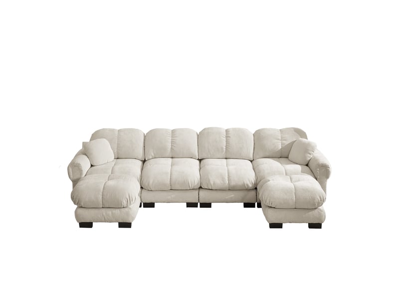  Canapé modulable 4 places en u, canapé d'angle panoramique salon, revêtement chenille doux couleur beige clair, structure stable et confortable  - Conforama A