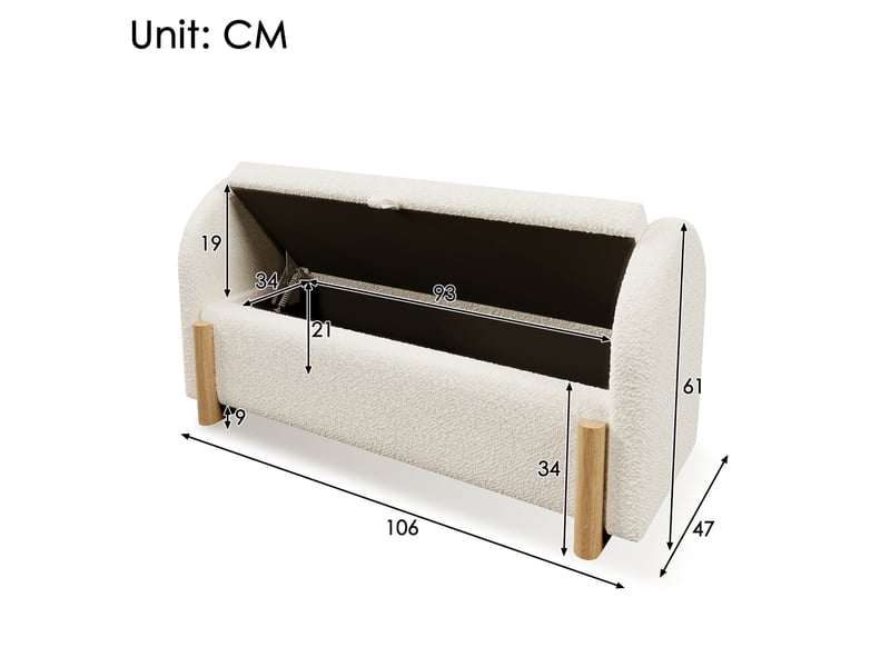  Banc de lit avec rangement hydraulique 106 x 47 x 61 cm blanc, tissu bouclette chenille, fermeture douce  - Conforama C
