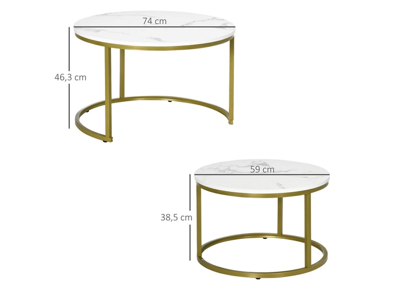 Tables basses gigognes rondes avec 2 plateaux effet marbre et pieds réglables, en acier doré, pour salon, blanc - Conforama E