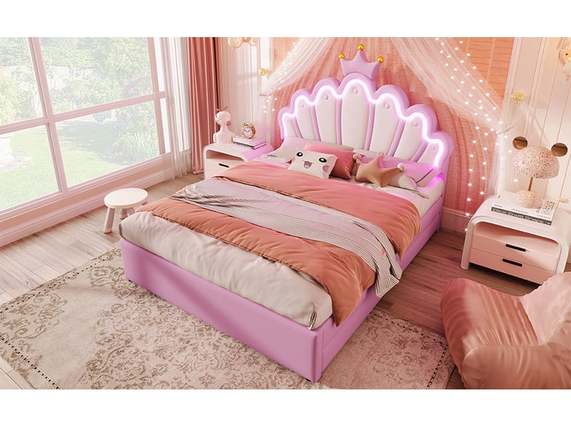  Lit capitonné 140x200 cm rose pu avec sommier à lattes 2 tiroirs tête de lit réglable éclairage led télécommande Sol Morn - Conforama B