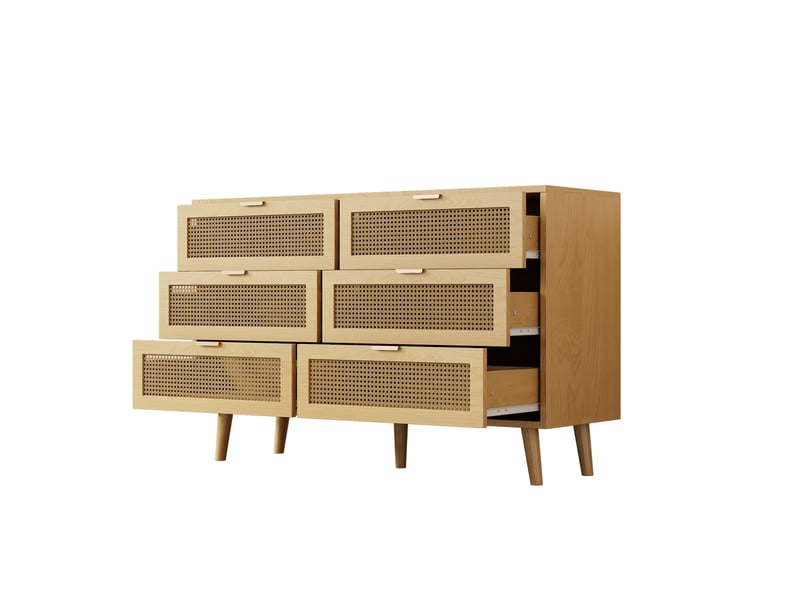 Commode à 6 tiroirs avec poignées en métal et pieds en bois, décor effet rotin, 120 × 40 × 76,5 cm - Conforama A