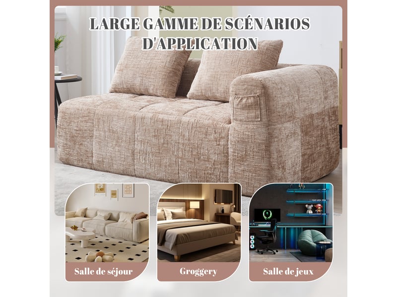  Canapé droit 2 places en chenille kaki 158x90x60 cm avec coussin et poches latérales, sans montage, salon 158x90x60cm - Conforama W