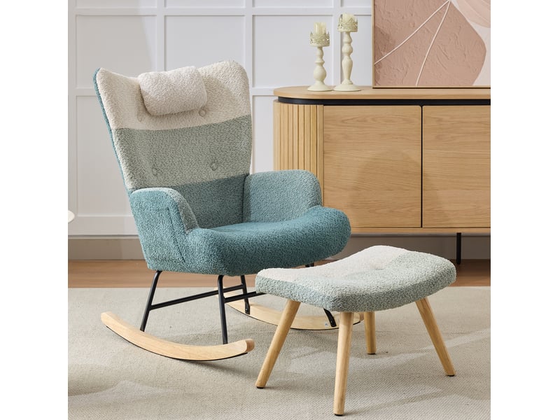  Fauteuil à bascule 83x65,5x95 cm, dossier 60 cm, poche latérale, coussin épais, pieds bois, bouclé multicolore  - Conforama R