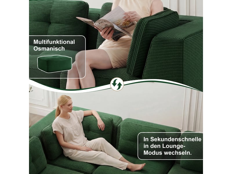  Canapé d'angle modulable 2 places en velours côtelé vert, sans montage, assise profonde, design sans cadre  - Conforama R