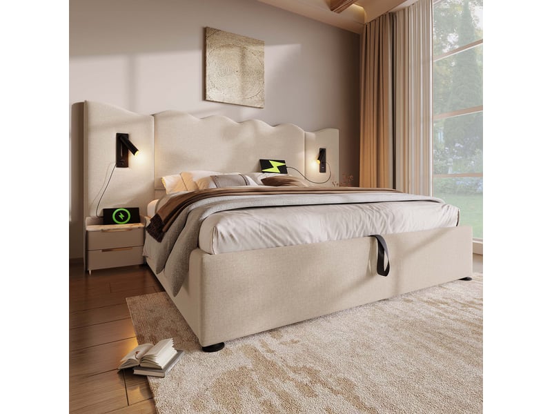  Lit double 160x200 cm avec matelas, lampe de lecture, ports usb-c, coffre de rangement, sommier boismétal, lin  - Conforama B
