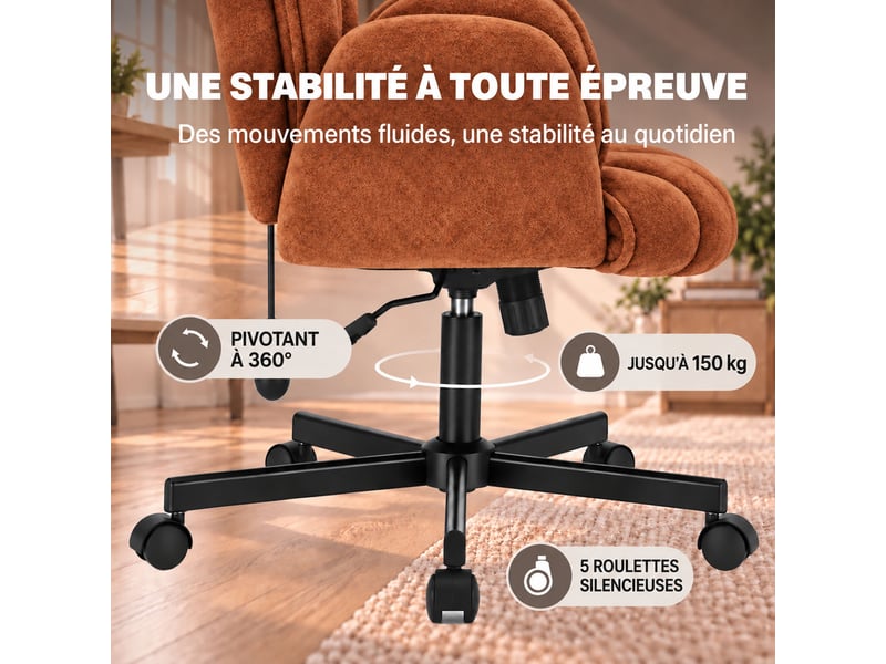  Fauteuil ergonomique tissu accoudoirs rabattables, coussin lombaire gonflable, assise large, pivot 360° 150kg-orange  - Conforama C