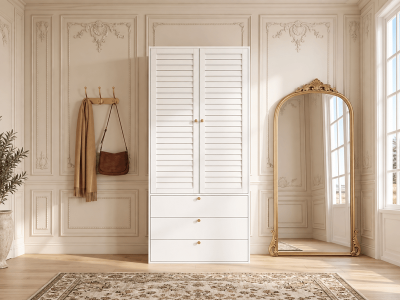  Armoire 2 portes battantes à lames, 3 tiroirs et penderie, façade ajourée, 90 × 50 × 200 cm, blanche, rangement ventilé  - Conforama B