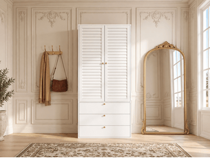 Armoire 2 portes battantes à lames, 3 tiroirs et penderie, façade ajourée, 90 × 50 × 200 cm, blanche, rangement ventilé