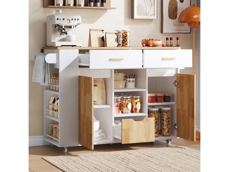 Îlot de cuisine mobile 120x45(71) cm avec plateau pliant, rangement, 3 tiroirs, étagères épices, porte-serviettes, roulettes - blanc et bois - Conforama C