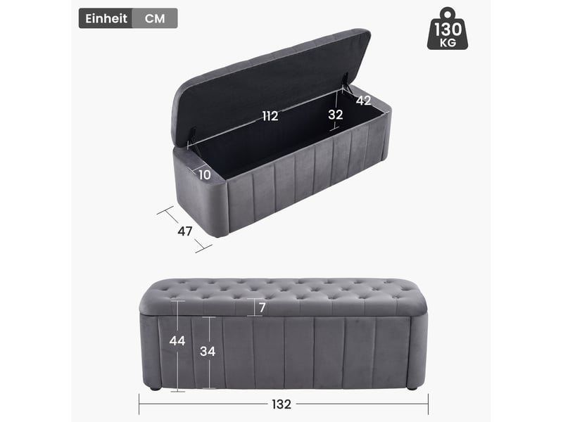  Banc de rangement tcqpz en velours gris foncé 132 x 47 x 44 cm capitonné  - Conforama C