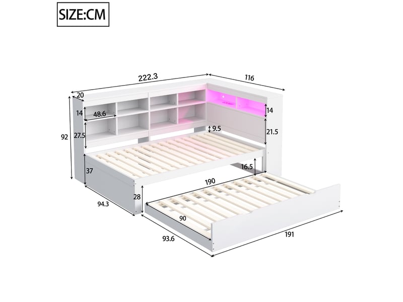  Lit banquette 90x200 cm – blanc – lit gigogne, rangements, usb et éclairage led intégrés - sans matelas  - Conforama C