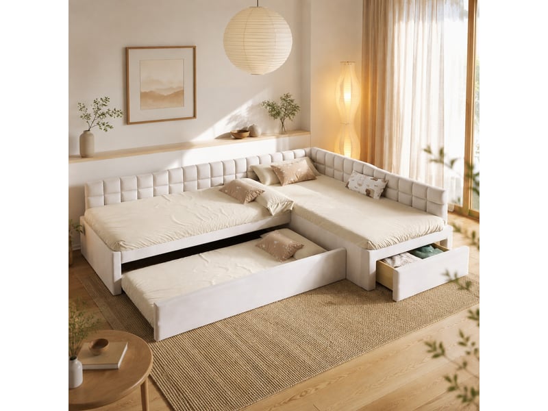  Lit gigogne 90x200+90x200+90x190 cm avec tiroirs en flanelle beige  - Conforama D