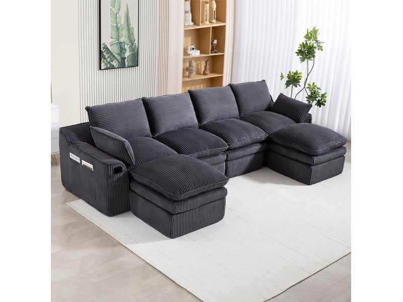  Canapé d'angle modulable 4 places en velours côtelé gris foncé avec 2 poufs et rangements latéraux  - Conforama E