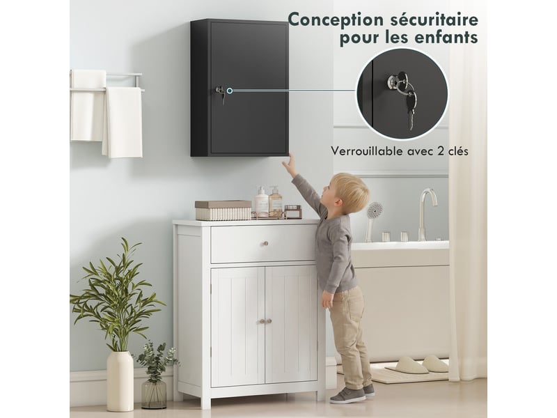  Armoire à pharmacie 2 étagères 3 niveaux verrouillable, dim. 40l x 18l x 60h cm, métal, 2 clés, noir  - Conforama D