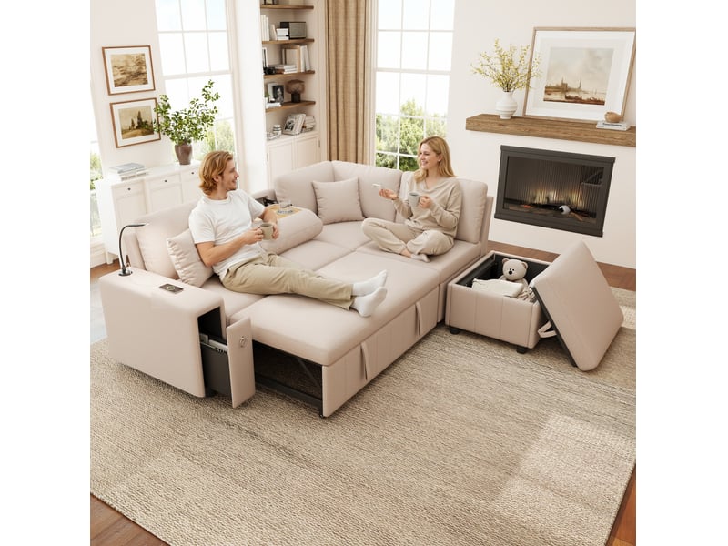 Canapé d'angle 213x184x88cm, table rabattable, ports usb, lampe de lecture, pouf, meuble de salon, matière lin, beige - Conforama D