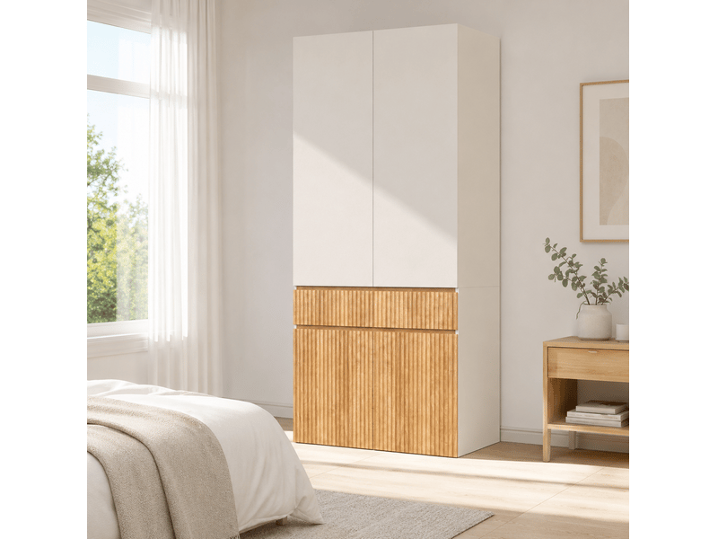  Armoire 4 portes 90 x 50 x 200 cm avec penderie et tiroir, chêne clair gris  - Conforama E