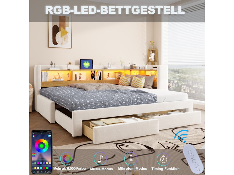 Canapé-lit rembourré 3-en-1,90x200/180x200 cm,avec lit gigogne,tiroirs,led et prise,velours,beige–banquette-lit d'angle,sans matelas - Conforama D