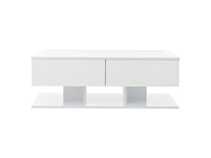Table basse 100x50 cm en laque blanche brillante avec tiroirs, led et plateau en verre