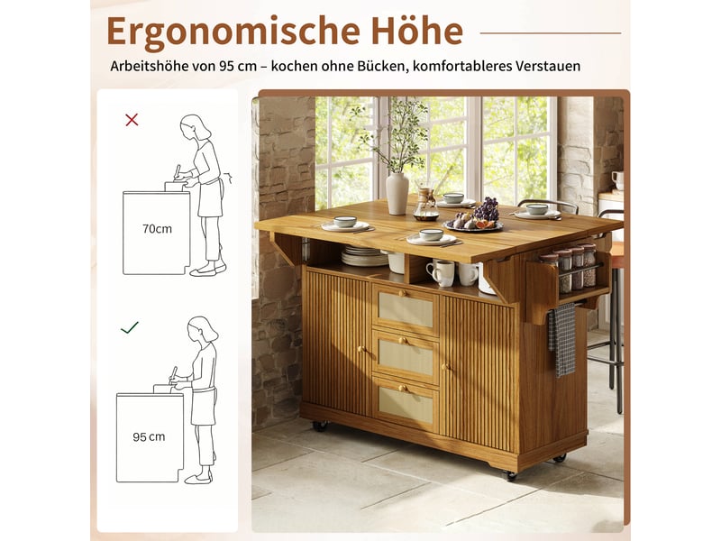 Desserte de cuisine pliable à 2 abattants avec rangement - lpospi - mdf et pe rotin marron foncé, 142,5 × 80 × 95 cm - Conforama E