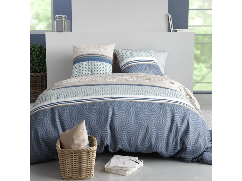  Parure housse de couette 260x240cm + 2 taies motif graphique bleu et taupe 100% coton - solia SOLIA - Conforama A