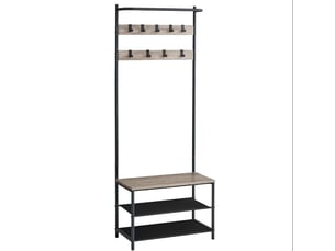 Meuble d’entrée 32,2 x 64 x 180 cm porte-manteaux avec banc et étagère à chaussures 9 crochets amovibles tringle pour entrée chambre style industriel gris 12_0006392