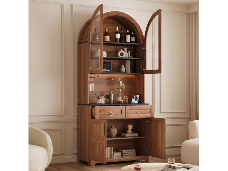  Buffet haut 80x40x180 cm avec led, prises usb et rangements, noyer  - Conforama B