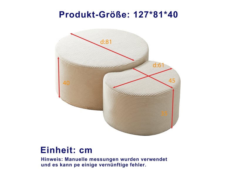 Table basse rondes 2 pièces 127x81x40 cm style moderne, gain de place multifonction assise sans montage tissu beige - Conforama C