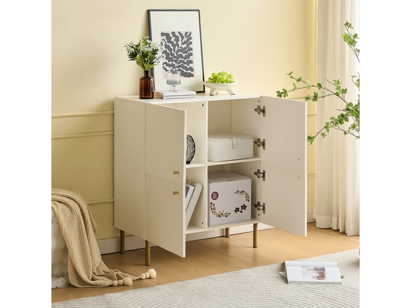  Buffet en mdf blanc avec poignées en alliage de zinc, pieds en acier, façades rainurées, pour salon et entrée  - Conforama E