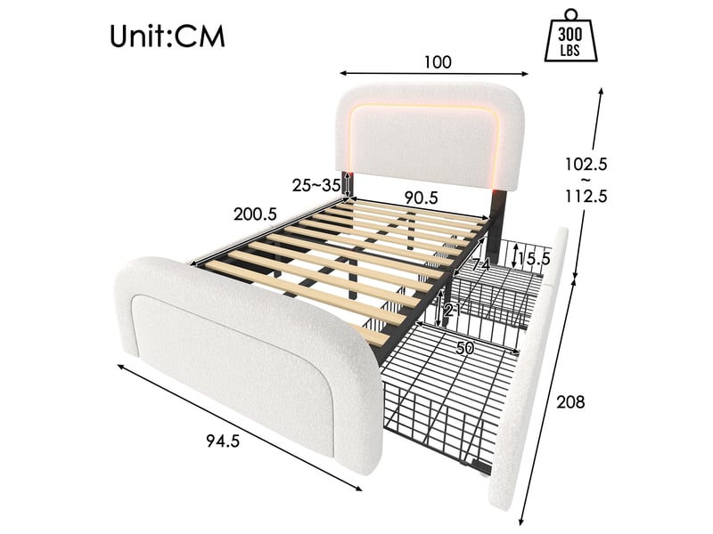 Lit coffre enfant 90x200 cm avec led, usb type-c et tiroirs, tissu, blanc, sans matelas - Conforama C
