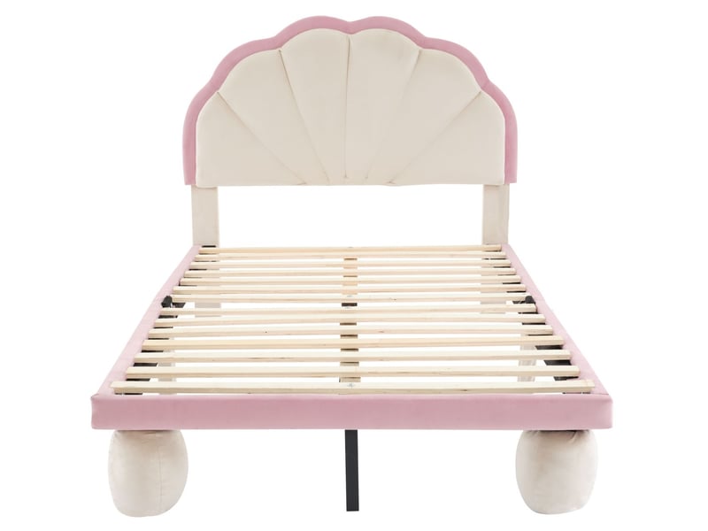  Lit capitonné enfant 90x200cm avec led multicolores, tête de lit festonnée velours, pieds ronds rembourrés, sommier inclus, rose et beige  - Conforama E