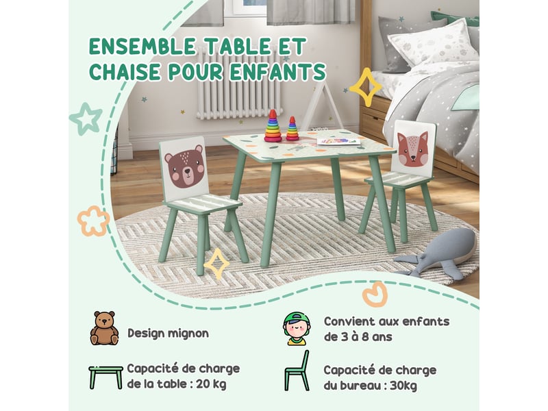  Table et 2 chaises pour enfants 3-8 ans ensemble 3 pièces motif animaux pour chambre à salle coucher de jeux vert  - Conforama W