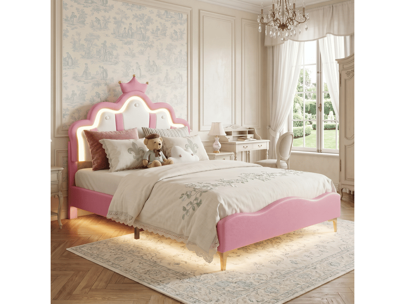  Lit enfant fille 140x190 cm, lit fille princesse - bandes lumineuses led réglables - tête de lit en forme de pétale et couronne - sommier à lattes - pu - rose  - Conforama R