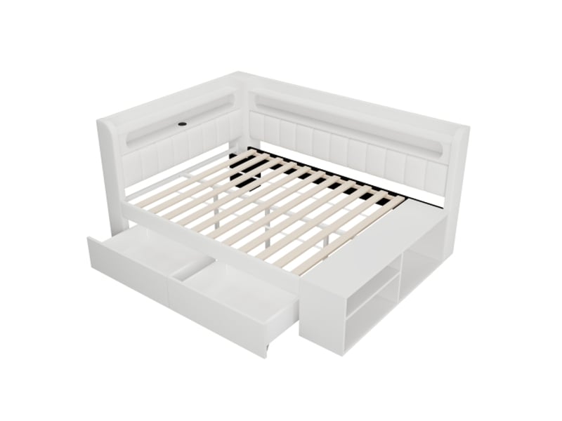 Canapé-lit 90x200 cm rembourré avec usb et bande led, meuble à chaussures blanc avec 2 tiroirs - Conforama D