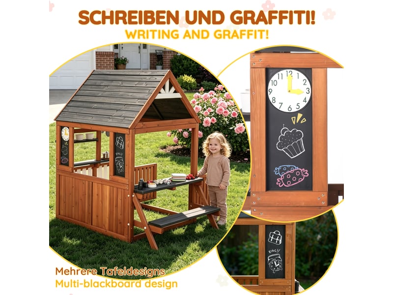 Cuisine enfant extérieure en bois, cabane de jeu avec accessoires, horloge, pots de fleurs, clôture ouvrante et espace cuisine pour enfants dès 3 ans - Conforama E