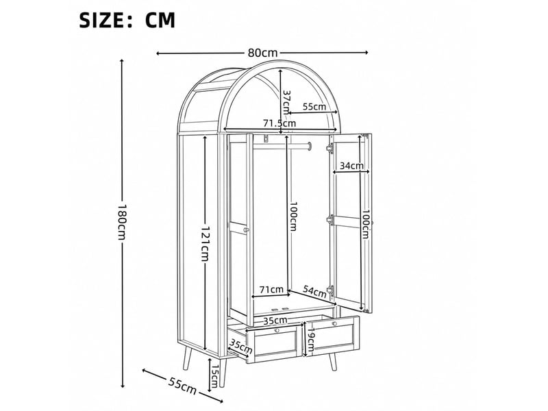 Armoire avec 2 portes, 2 tiroirs et niche ouverte, en mdf et rotin pe, pour chambre, chêne, 80 × 55 × 180 cm - Conforama D