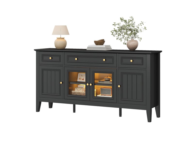  Commode à 4 portes et 3 tiroirs, 160 x 40 x 78,5 cm, buffet mdf, façades en verre, poignées métalliques et led intelligente, noir  - Conforama A