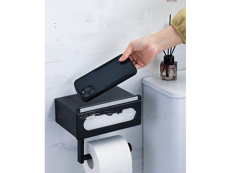 Porte papier toilette avec tiroir de rangement etagere et support noir - Conforama E