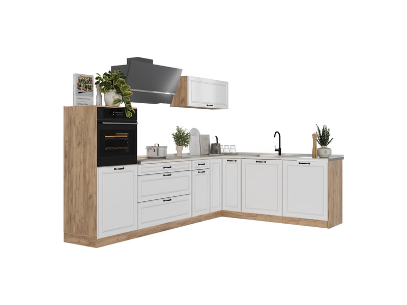 Vicco cuisine en angle, blanc campagnechêne doré, 287 x cm plan de travail marbre - Conforama E