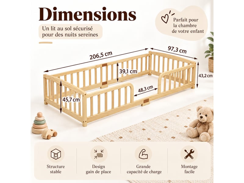  Lit enfant  90x200 cm boisnaturel lit enfant au sol avec barrière de sécurité et sommier  - Conforama C