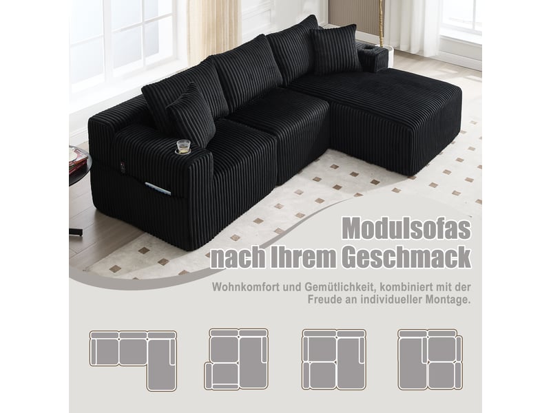 Canapé modulable, canapé 2 places – en velours tricoté, mousse haute densité, porte-gobelets, avec méridienne, coussins inclus, poches latérales - Conforama D